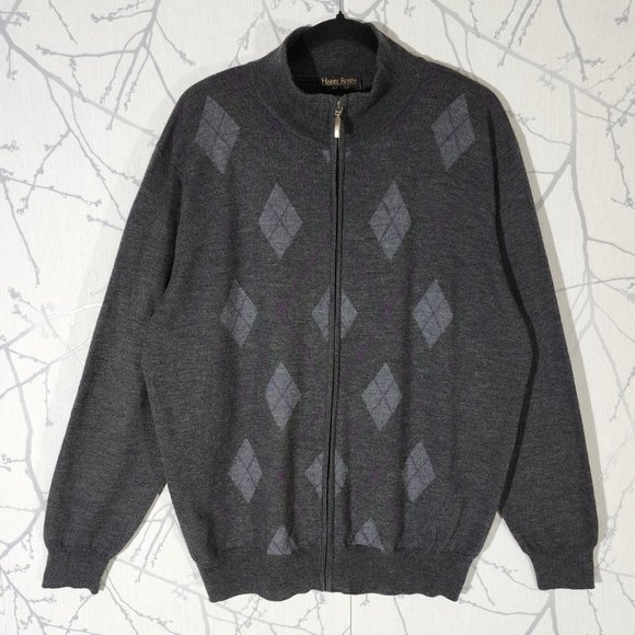 Harry Rosen Diamonds Argyle 100% Merino Wool Full Zip Mockneck Sweater Preppy - Picture 1 of 3